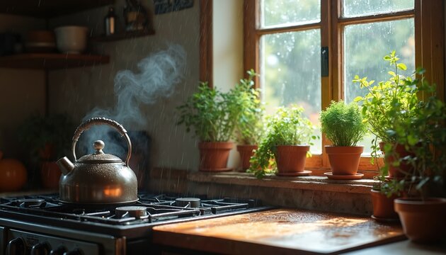 Rustic kitchen interior on a rainy day. Steaming kettle on stove near window with rain drops. Potted plants on windowsill create cozy home atmosphere. Warm domestic scene.
