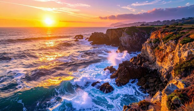A vibrant sunset casts a golden glow over a dramatic coastline with waves crashing against rocky cliffs.