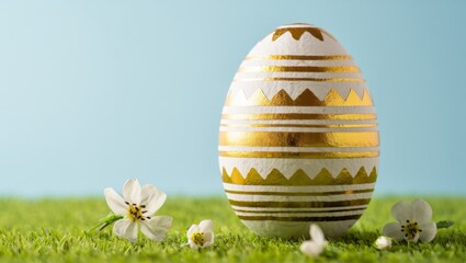 White easter egg with ornate gold filigree nestled in vivid green grass and tiny white blossoms against a soft blue background, festive spring symbol of renewal and celebration