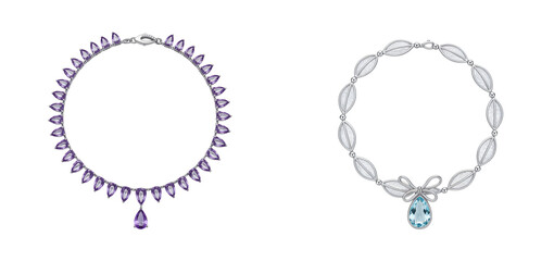 Two elegant necklaces with amethyst and aquamarine gems on transparent background