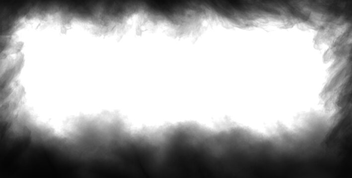 Abstract black and white frame with a smoky texture, creating a dramatic border effect with a bright, clean center, isolated on transparent background