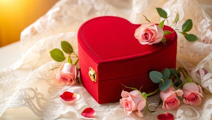 Red heart shaped gift box displaying a special token of love, romance, and appreciation, surrounded by delicate pink roses, scattered petals, and elegant lace fabric