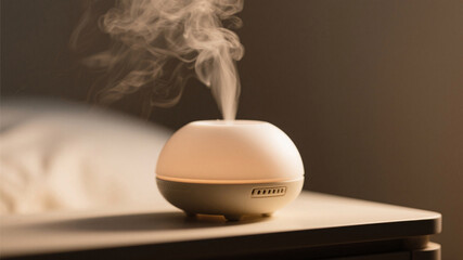 A soothing tight shot of gentle mist rising from a ceramic diffuser in low-contrast lighting, emphasizing restorative sleep habits for long-term wellness and preventive health practices