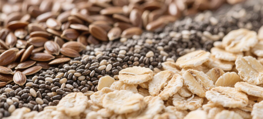 A detailed texture study of seeds and oats in soft side light, showcasing natural patterns and gradients to communicate modern, gut-focused nutrition supporting preventive cancer-conscious habits