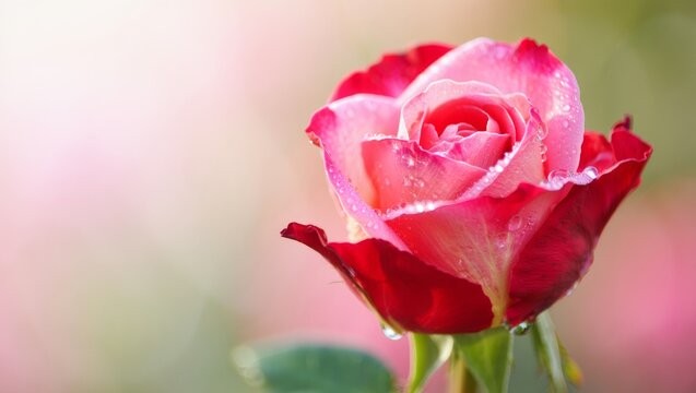 Close up blooming pink and red rose flower showing vibrant petals detailed with sparkling dew drops, symbolizing morning freshness, nature's beauty, and romantic feelings