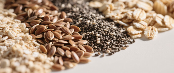 A macro composition highlighting flaxseeds, chia seeds, and oats with natural earthy tones and micro-shadows, visually promoting fiber-rich foods as part of a cancer-prevention dietary routine