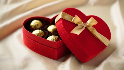 Heart shaped red gift box with gold ribbon and lid open, holding wrapped chocolate pralines, symbolizing love, romance, and special occasions like valentine's day or anniversaries