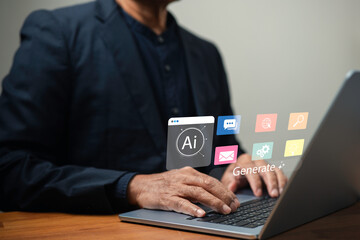 A professional using a laptop with floating AI and digital icons, illustrating modern technology, automation, and innovation for business, communication, and data-driven solutions.
