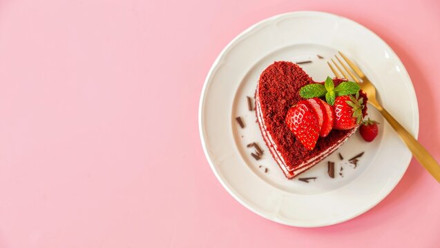 Red velvet cake in a heart shape on a white plate with fresh strawberries, mint, and chocolate shavings, symbolizing love, romance, and sweet celebrations for valentine's day - Powered by Adobe
