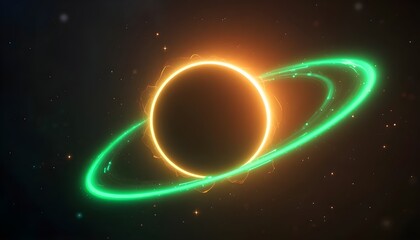 Neon eclipse light effect with glowing green orbit rings. Perfect for high-tech backgrounds, motion graphics, space themes, digital visuals, or minimalist sci-fi UI design concepts.