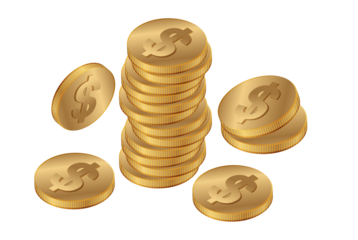 A pile of shiny gold coins with dollar signs stacked high against a transparent  PNG background symbolizing wealth and financial success