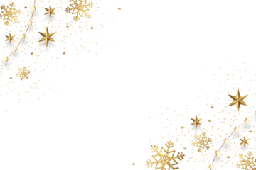 Sparkling golden snowflakes and festive lights scattered across a dark transparent  PNG background creating a magical winter holiday celebration atmosphere