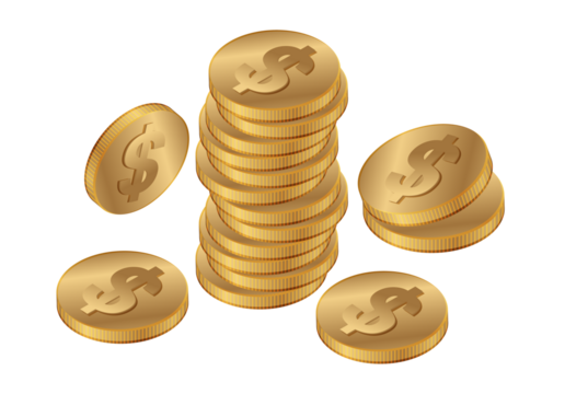 A pile of shiny gold coins with dollar signs stacked high against a transparent  PNG background symbolizing wealth and financial success