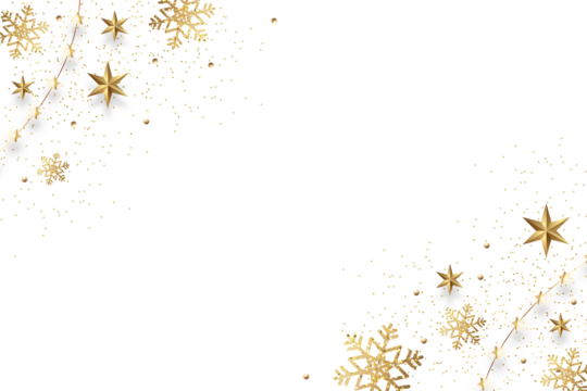 Sparkling golden snowflakes and festive lights scattered across a dark transparent  PNG background creating a magical winter holiday celebration atmosphere