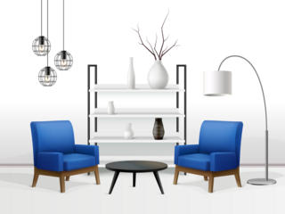 Modern living room scene with two blue armchairs, a round coffee table, and a tall white shelf unit against a transparent  PNG wall