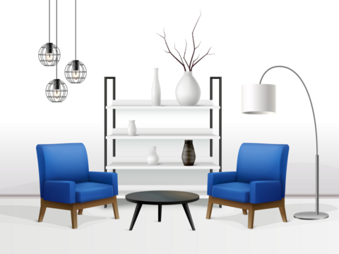 Modern living room scene with two blue armchairs, a round coffee table, and a tall white shelf unit against a transparent PNG wall