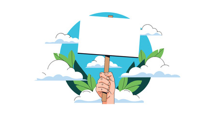 A hand holds a blank protest sign against a backdrop of leaves and clouds.