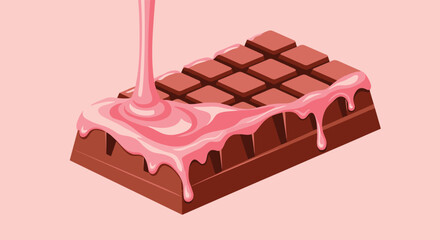 A chocolate bar being covered with pink strawberry sauce, studio shot against a pink background.