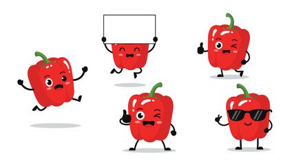 Collection of five cute cartoon red bell peppers with different expressions and poses.