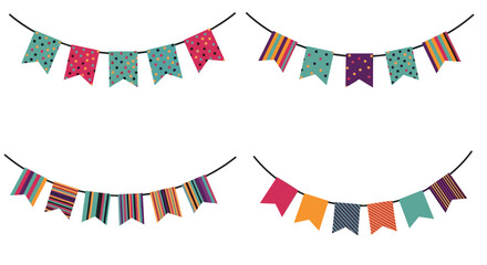 Four strings of colorful decorative bunting flags in different patterns and designs for celebrations.