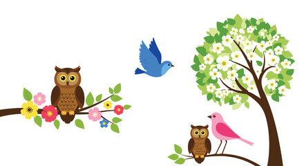 Charming cartoon illustration of owls and birds in a spring setting with blooming trees and flowers.