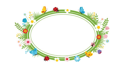 Spring-themed oval frame with flowers, butterflies, and ladybugs on a white background.