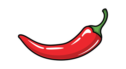 A bright red chili pepper with a curved shape and a green stem on a white background.