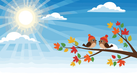 Cute cartoon birds wearing winter hats sit on a tree branch with autumn leaves under the sun.