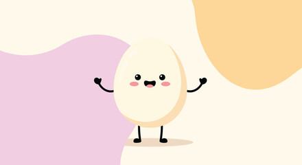 Cute cartoon egg character with rosy cheeks, raised arms, and legs standing on a pastel background.