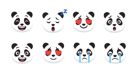 Collection of eight cute panda emojis with various expressions on a white background.