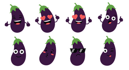 Collection of eight cartoon eggplant characters with different facial expressions and gestures.