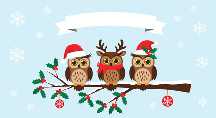 Three cute owls wearing Christmas hats and scarves sit on a snowy branch with snowflakes and ornaments.