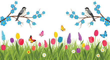 Spring scene with birds on branches and colorful flowers and butterflies in the grass.
