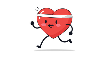 Cute cartoon heart character running with a headband and smiling happily; a symbol of fitness and health.