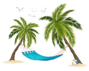 Relaxing tropical beach scene with two palm trees a blue hammock and a beach ball on a transparent  PNG background