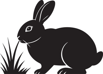 Black silhouette of a rabbit eating grass on a white background
