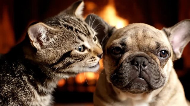 A kitten gently touches a bulldog's face, warm lighting in the background. The dog stares at the viewer