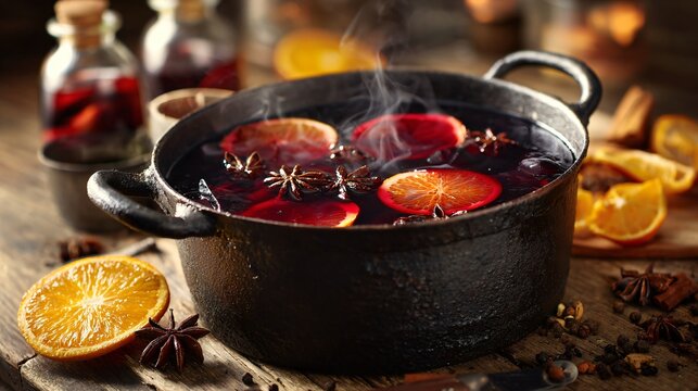 A rustic iron pot of mulled wine simmering on wooden countertop, surrounded by aromatic spices and orange slices, soft daylight, editorial cooking atmosphere