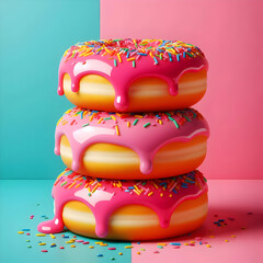 A vertical stack of three glazed donuts with a layer of shiny, pink icing and colorful sprinkles. The icing is slightly melting. Clean, pop-art style background, strong, vibrant colors, minimalist com