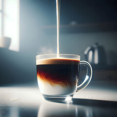  A shot of a clear glass mug filled with black coffee and a stream of hot, white milk being poured into it, creating a perfect brown-to-white gradient. Milk in motion, soft backlighting, minimalist ki
