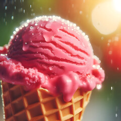 A  scoop of bright pink strawberry ice cream on a cone is just beginning to melt, with visible condensation droplets on the cone's surface. The sorvete está prestes a cair. 