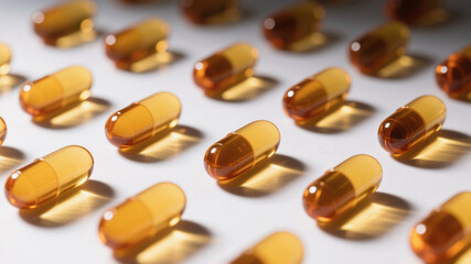A crisp macro shot of translucent vitamin D capsules arranged on a pristine white surface, with glowing amber reflections, visually promoting preventive supplementation as a cancer-prevention lifestyl