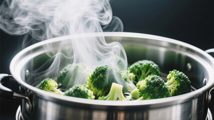 A detailed macro of steam rising from freshly cooked broccoli in a stainless-steel steamer, with backlighting highlighting vapor trails and vibrant green tones, emphasizing low-temperature cooking as 
