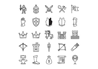 Chivalry and Combat: 25 Black and White Knight Vector Icons, Medieval Warfare and Heraldry Outline Icon Collection, The Code of the Knight: Essential Armor and Weapon Icons