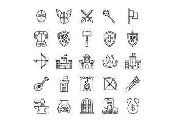 Chivalry and Combat: 25 Black and White Knight Vector Icons, Medieval Warfare and Heraldry Outline Icon Collection, The Code of the Knight: Essential Armor and Weapon Icons