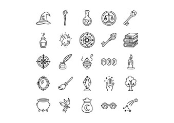 Magical Iconography: 25 Black and White Wizard Vector Symbols, Fantasy Spells and Sorcery: Outline Icons Collection, The Wizard's Toolkit: Essential Magic and Mystical Icons