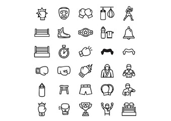 Boxing Icon Set: 25 Black and White Vector Symbols, Collection of Boxing and Combat Sport Outline Icons, The Ring: Essential Vector Icons for Boxing