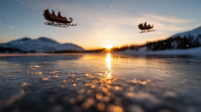A breathtaking view of two sleighs flying over a serene lake, illuminated by the warm glow of the sunset, framed by snowy mountains and tranquil nature all around.