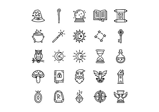 Magical Iconography: 25 Black and White Wizard Vector Symbols, Fantasy Spells and Sorcery: Outline Icons Collection, The Wizard's Toolkit: Essential Magic and Mystical Icons