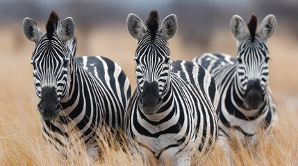 Herd of zebras stand in the tall yellow grass of Etosha National Park, Namibia, under a blue sky on a bright and sunny day